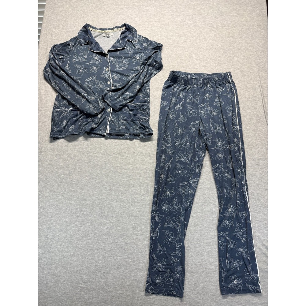Nine West Sleepwear Pajama Set Womens Medium Blue White Floral Contrast Piping